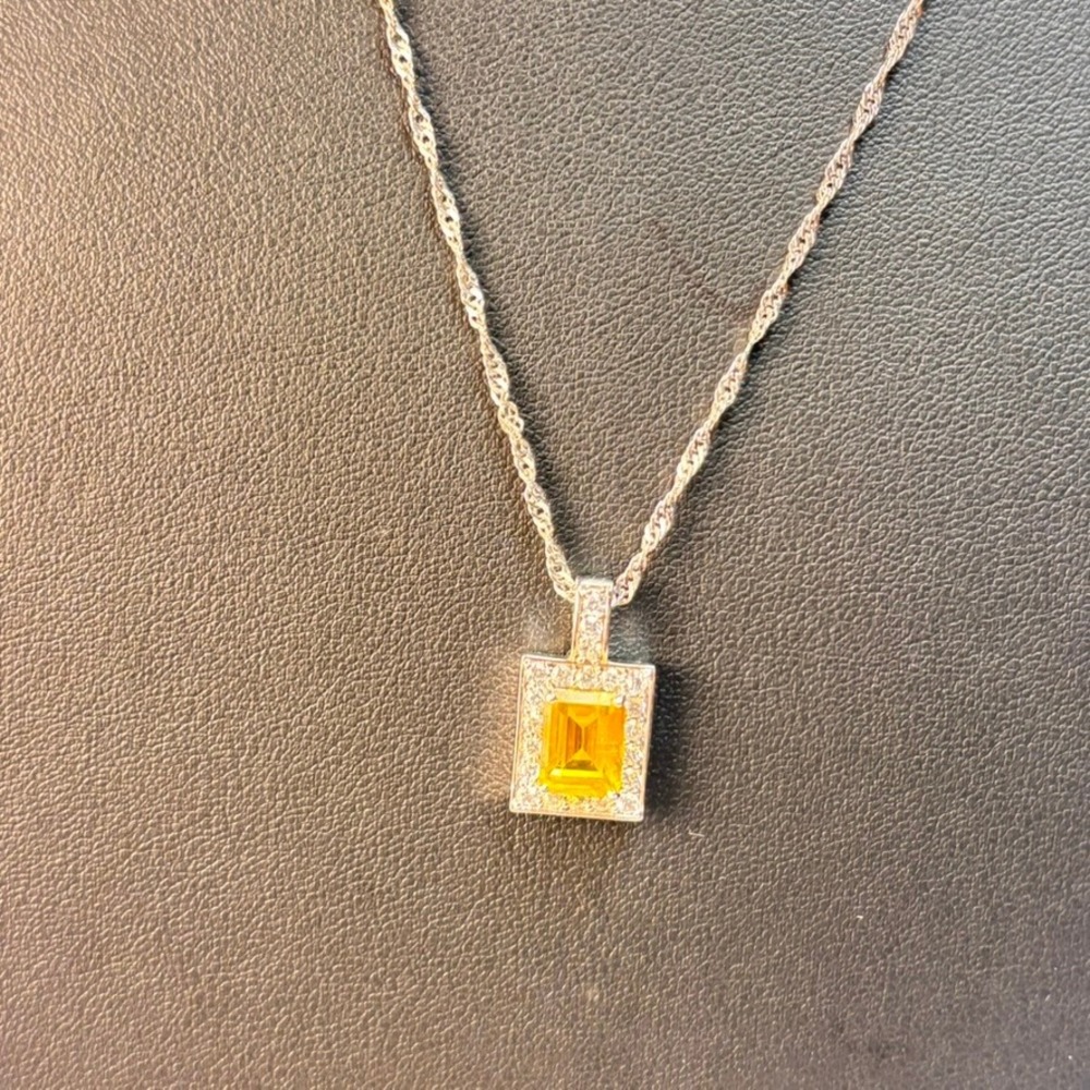 Yellow Emerald Cut Halo Pendant Necklace Silver Tone Boho Whimsygoth Statement
